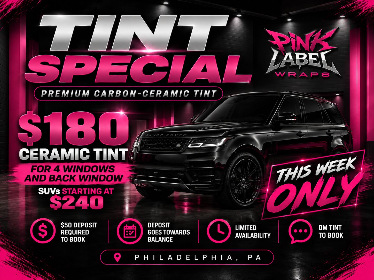 Tint Special: premium carbon-ceramic tint. $180 ceramic tint for 4 windows and back window, SUVs starting at $240. $50 deposit required to book, goes toward your balance. Limited availability.